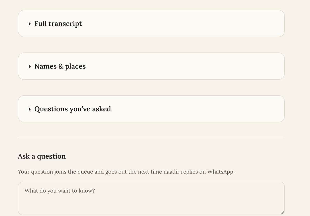 The family dashboard, showing the full transcript, names and places, and a box to ask a question